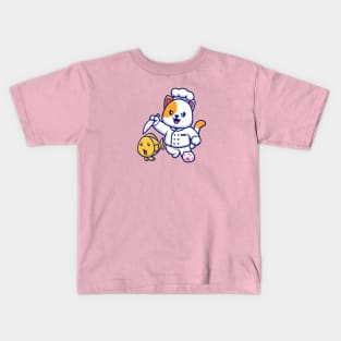 Cute Cat Chef Chasing Fish With Knife Cartoon Kids T-Shirt